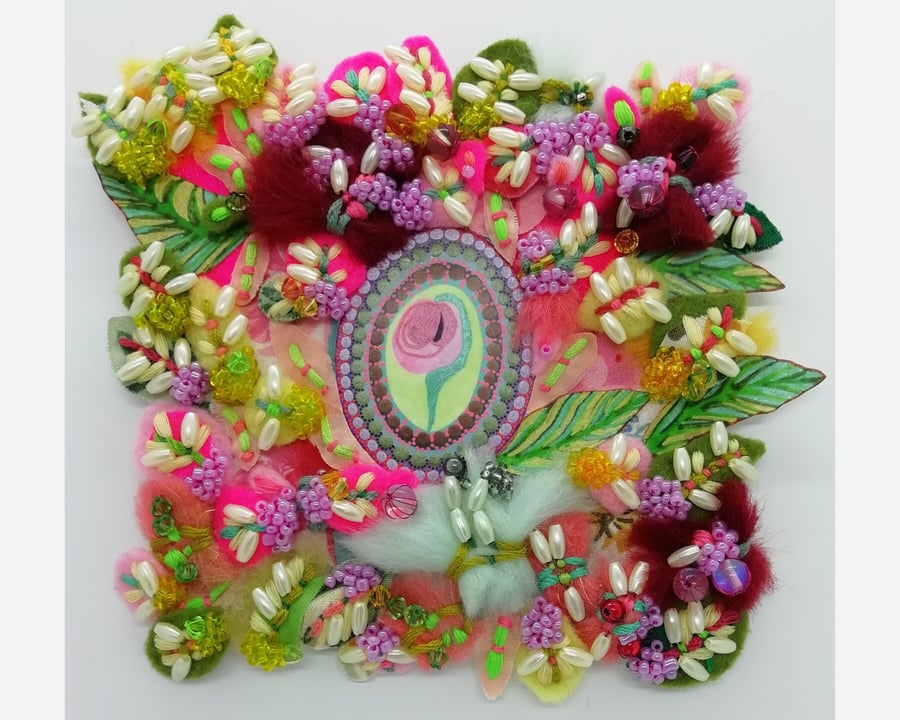 Textile Art Flowers, Modern Beaded Embroidery, Unframed Floral Wall Decor       