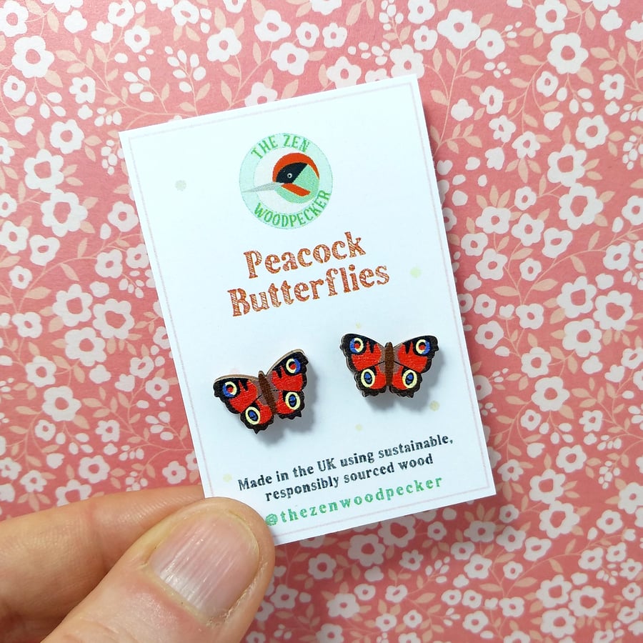 Peacock Butterfly Earrings, Insect Studs, Silver Plated or Sterling Silver Backs