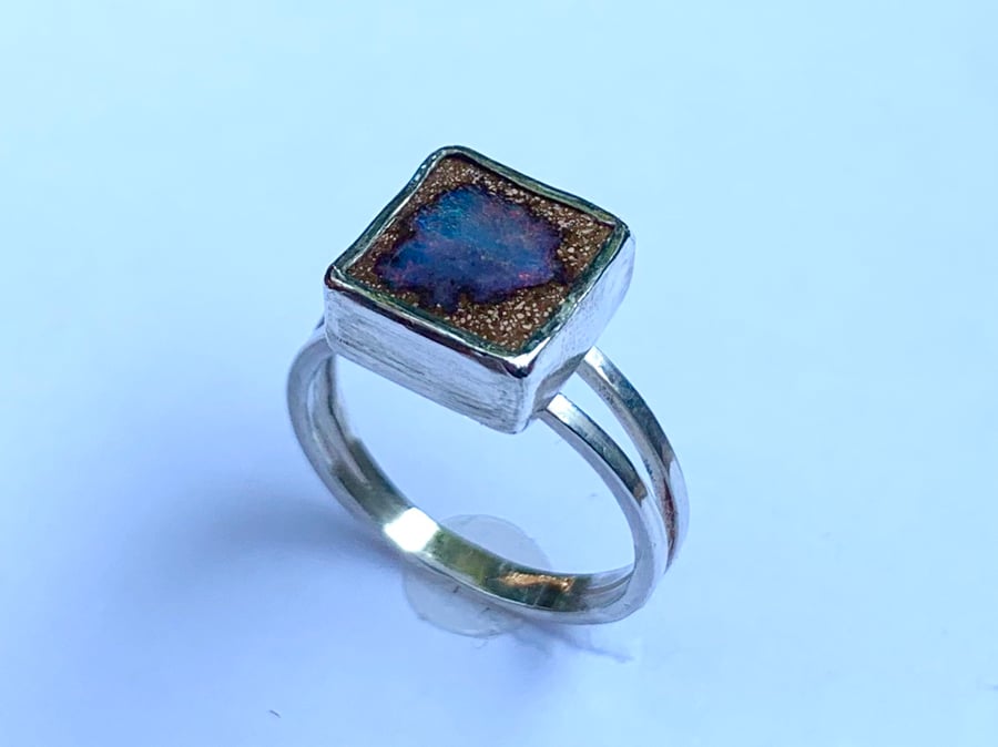 Boulder Opal ‘Nebula’ Stone on Sterling Silver Ring, 100% Handmade, (UK. M to N)