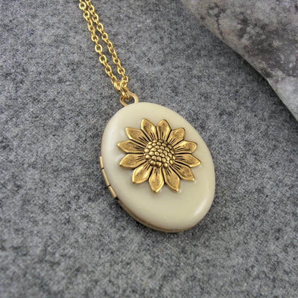Cream Sunflower Enamel Gold Plated Locket Jewellery Gift For Women.