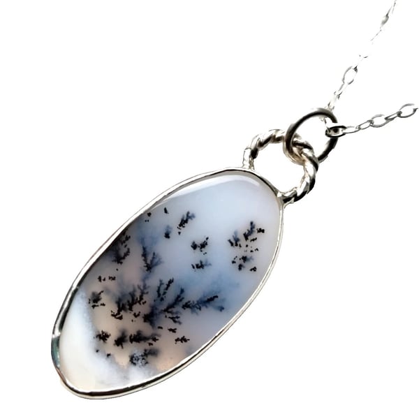 Dendritic Agate Necklace Sterling Silver 925 Handmade Jewellery Gift Snow Scene