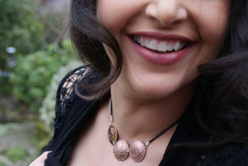 Recycled bronze halfpenny coins necklace