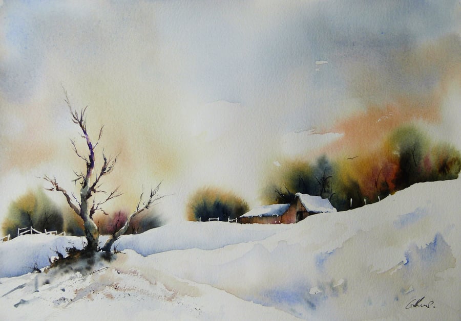 Tree in Snow, Original Watercolour Painting.