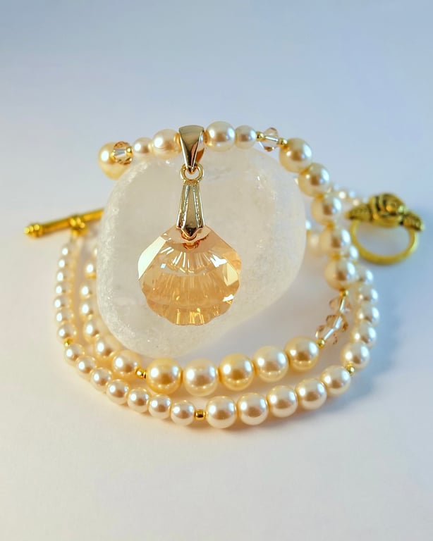 Pearl & Crystal Pendant Necklace, June Birthday, Wedding, 30th Anniversary Gift 