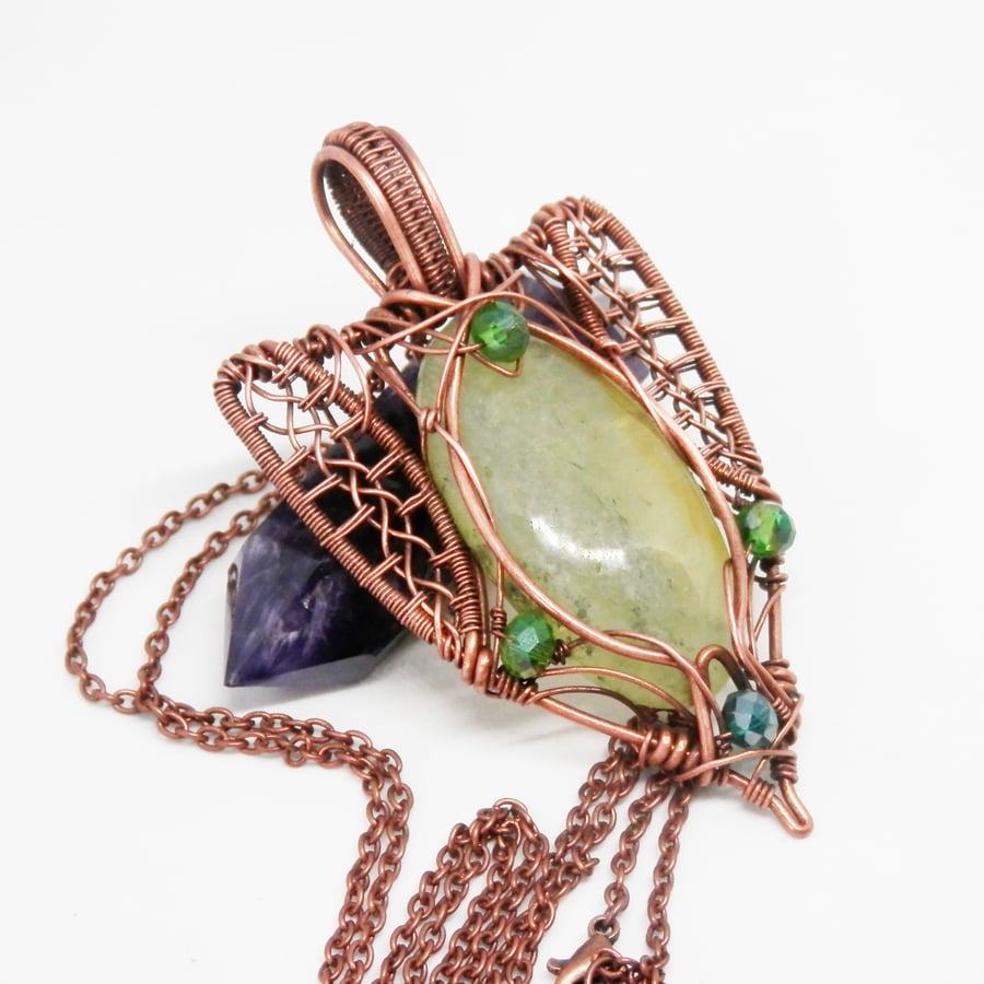 Celtic Style Shield Shaped Copper Necklace With Prehnite