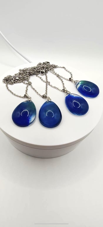 Blue Resin Teardrop Pendant Necklace: Deep Sea Ocean Jewelry
