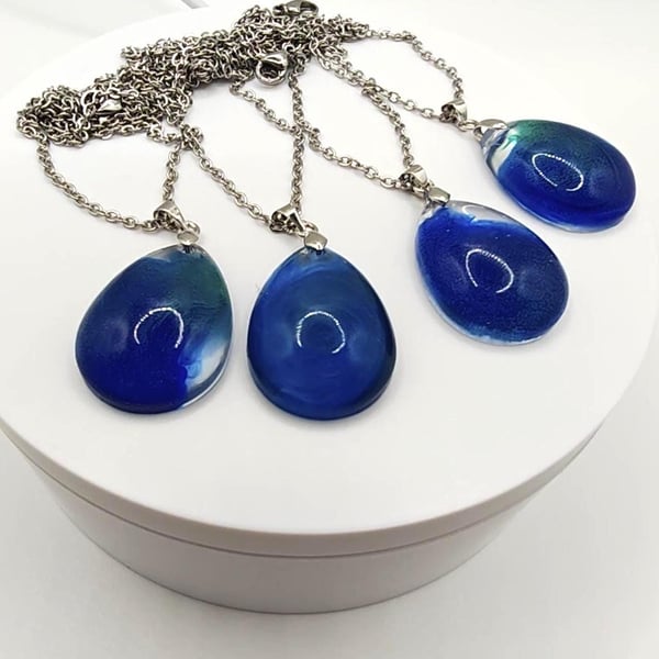 Blue Resin Teardrop Pendant Necklace: Deep Sea Ocean Jewelry