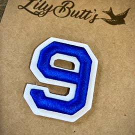 Embroidered Iron on Patch - Number 9 - Blue 50 mm x 40 mm