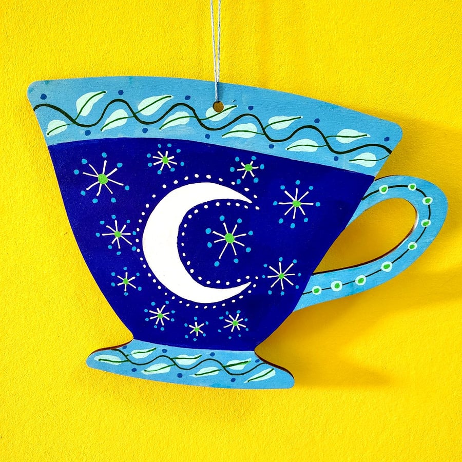 Hand painted wooden hanging cup decoration with moon and stars, wall art