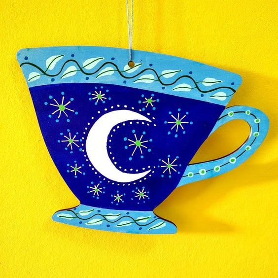 Hand painted wooden hanging cup decoration with moon and stars, wall art