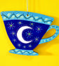 Hand painted wooden hanging cup decoration with moon and stars, wall art