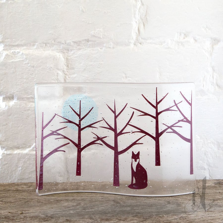 Forest Fox Fused Glass Wave, glass picture, home decor, gift for nature lover,