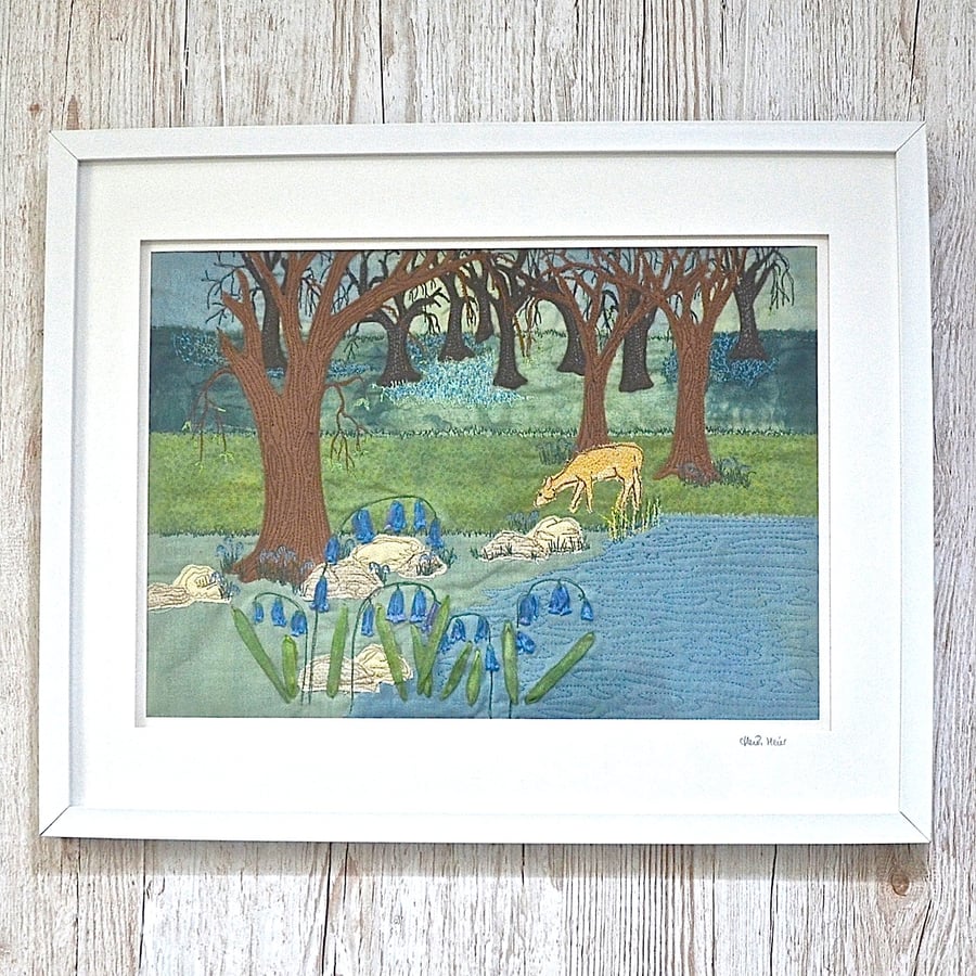 Bluebell wood - woodland textile wall art with deer, ribbon embroidery