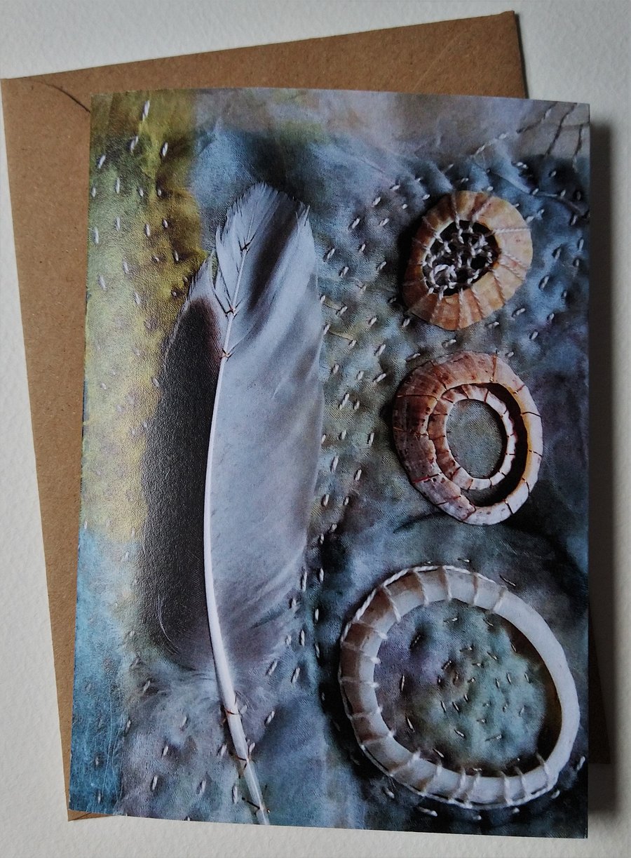 Feathers and Shells Textile Collage Greetings Card