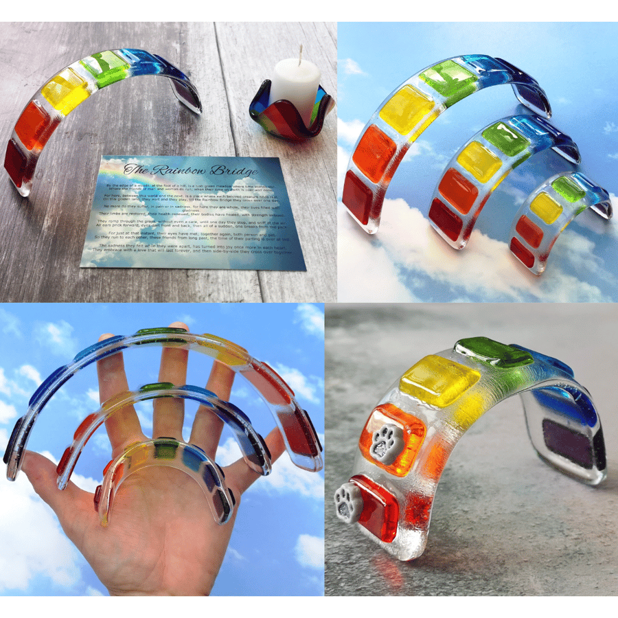 Glass Skinny Sized Rainbow Steps Rainbow Bridge - Pet Loss - Paw Prints & Card