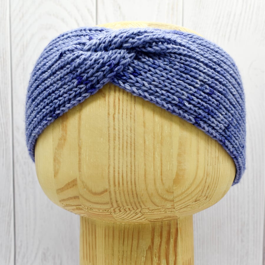 SOLD - Hand Knitted headband ear warmers in purple wool adult M