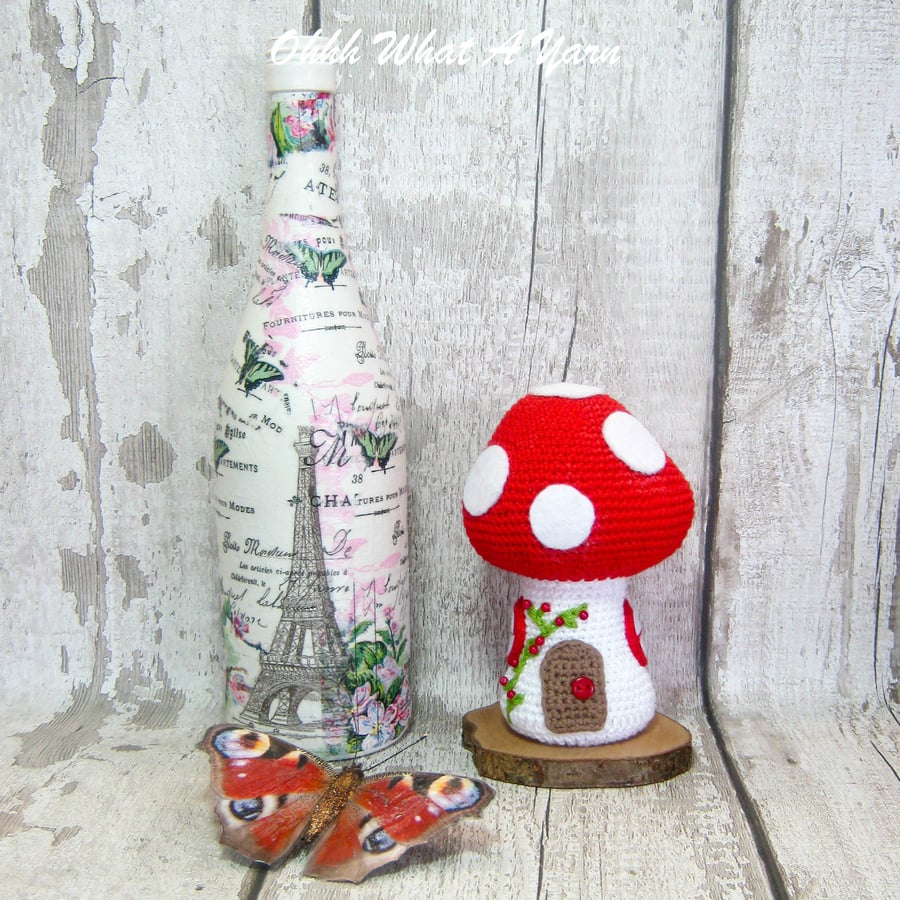 Crochet red toadstool fairy house decoration, ornament
