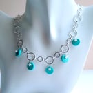 Turquoise & Shell Pearl Multi Charm Drop Fancy Silver Circle Chain Necklace Set