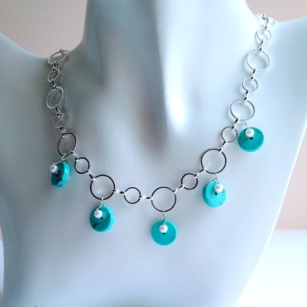 Turquoise & Shell Pearl Multi Charm Drop Fancy Silver Circle Chain Necklace Set