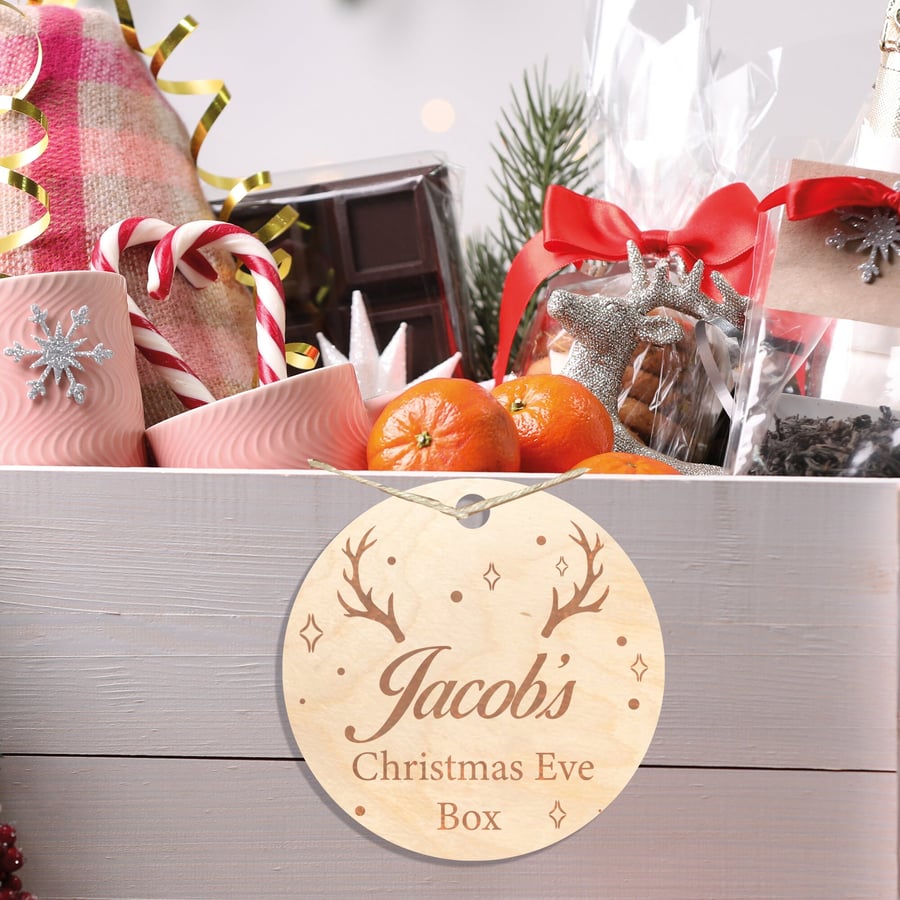 Christmas Eve Box Wooden Charm Hamper Gift Tag Santa Antlers Reindeer Robin