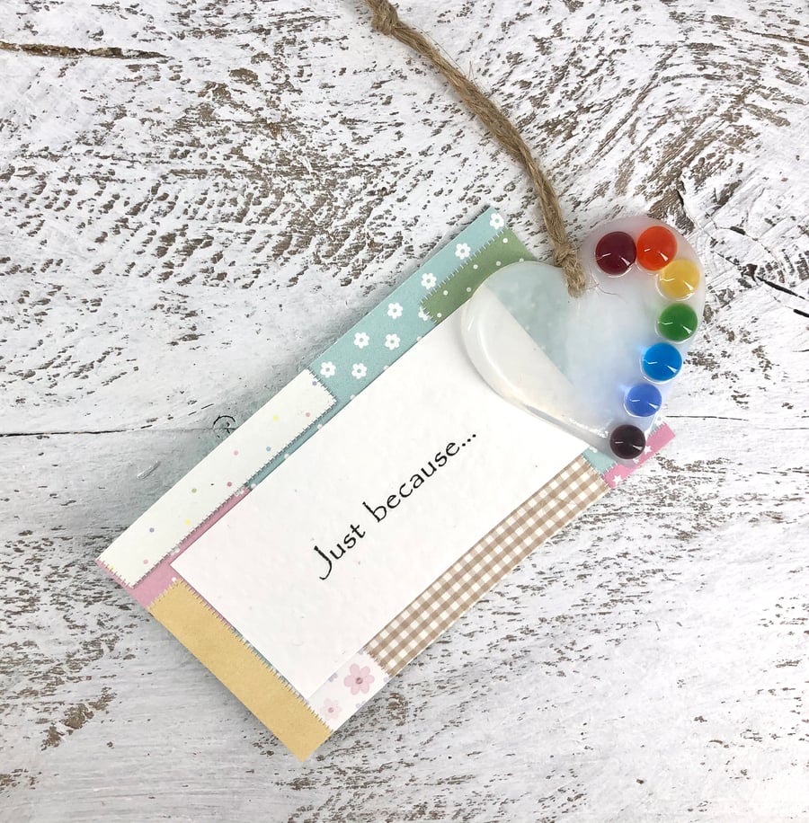 Just because... Wispy white heart, rainbow colours & personal message 