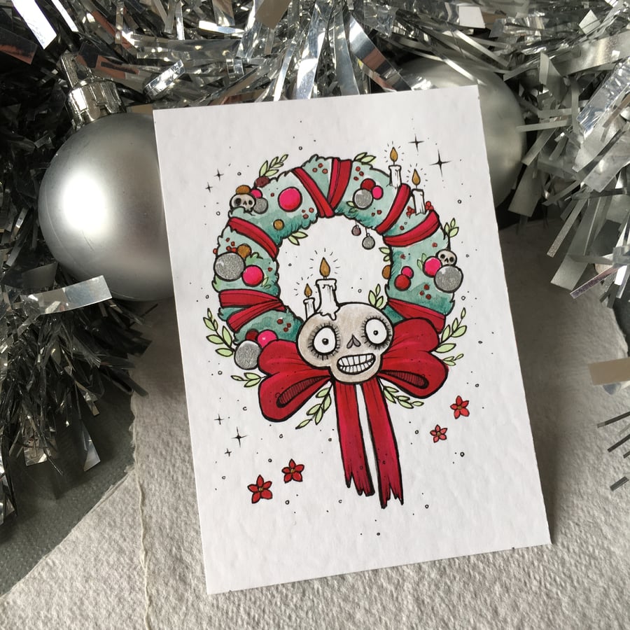 festive skull wreath - original aceo