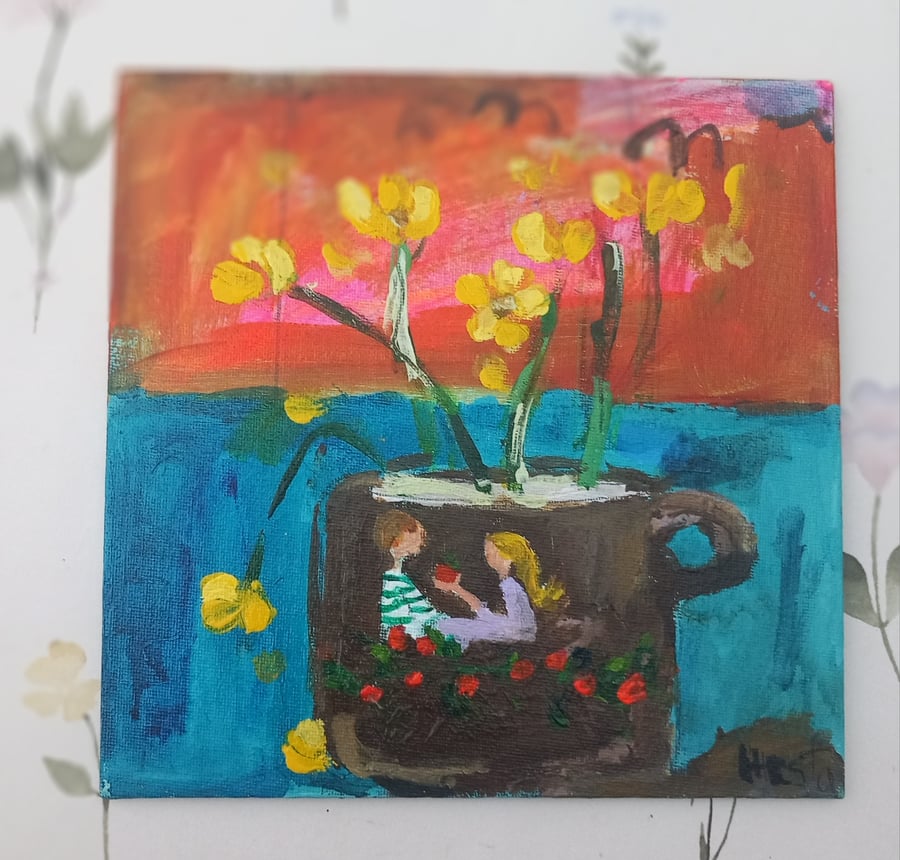 Buttercups in a jug, naive style still life