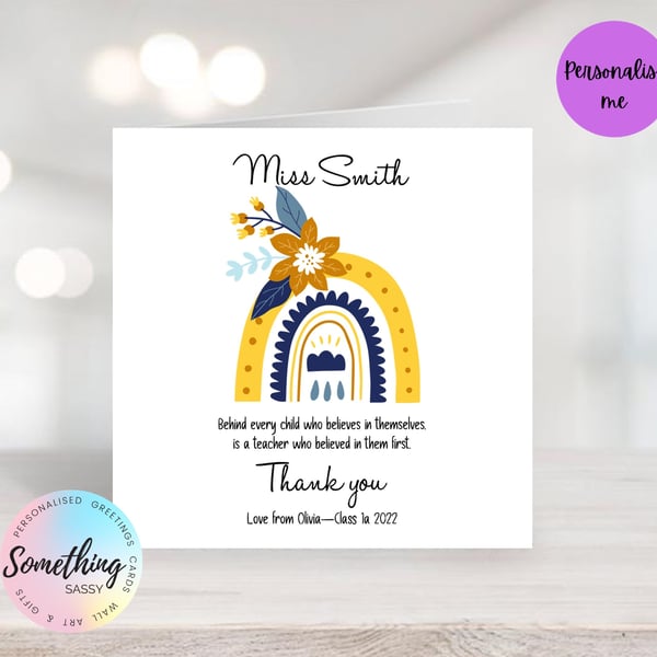 Personalised Thank You Card for Teachers, Teaching Assistants, Key workers, 