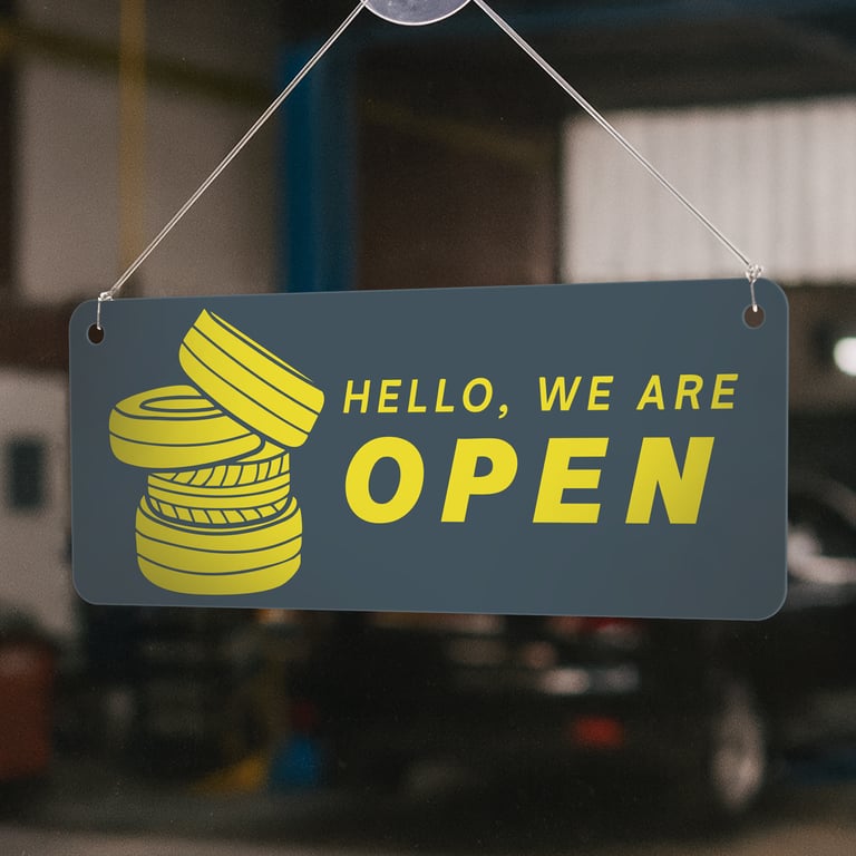Open & Closed Sign for Garage -Stacked Tyres Car Service Shop, Auto Service Sign
