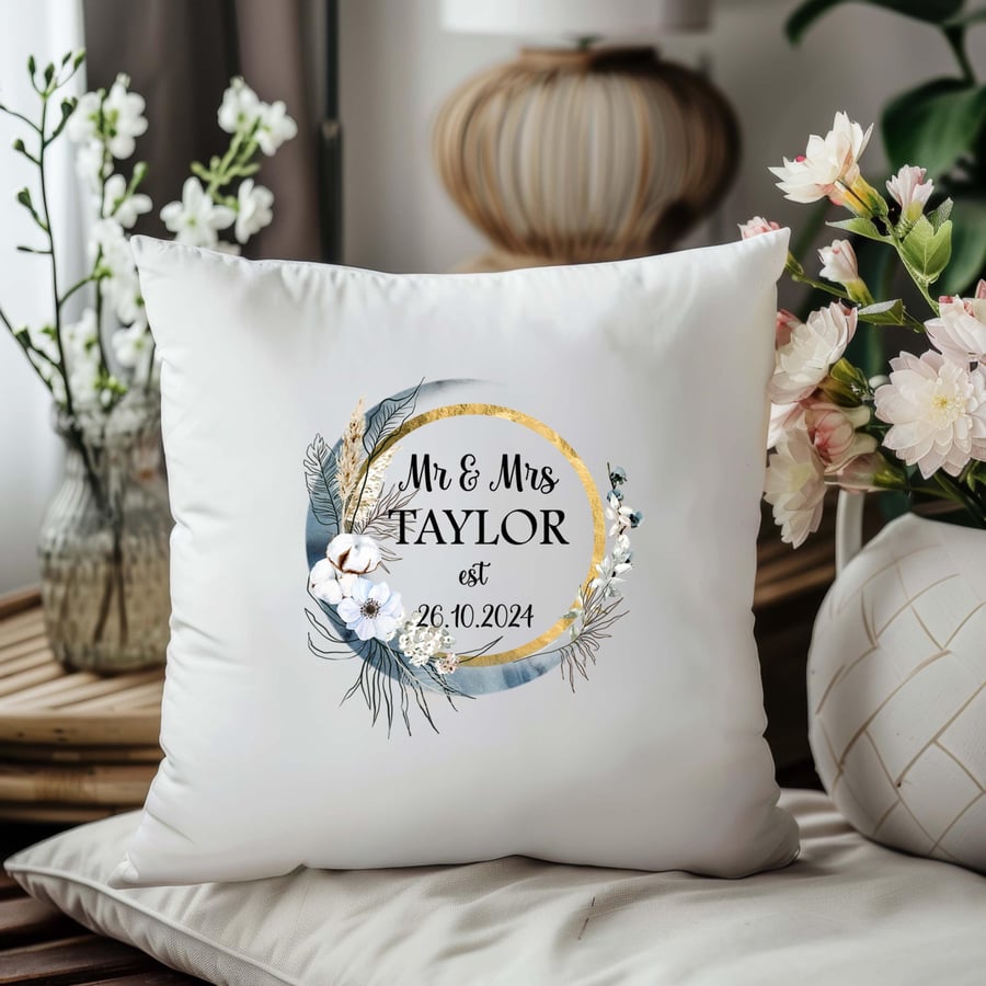 Boho Moon Wedding cushion personalised, Mr and Mrs gift, custom wedding present