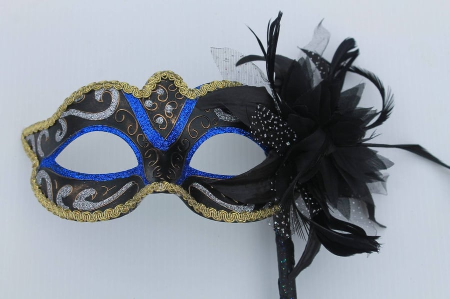 Stunning Blue, Black, Bronze Silver and Gold Masquerade Mask on a Black Stick