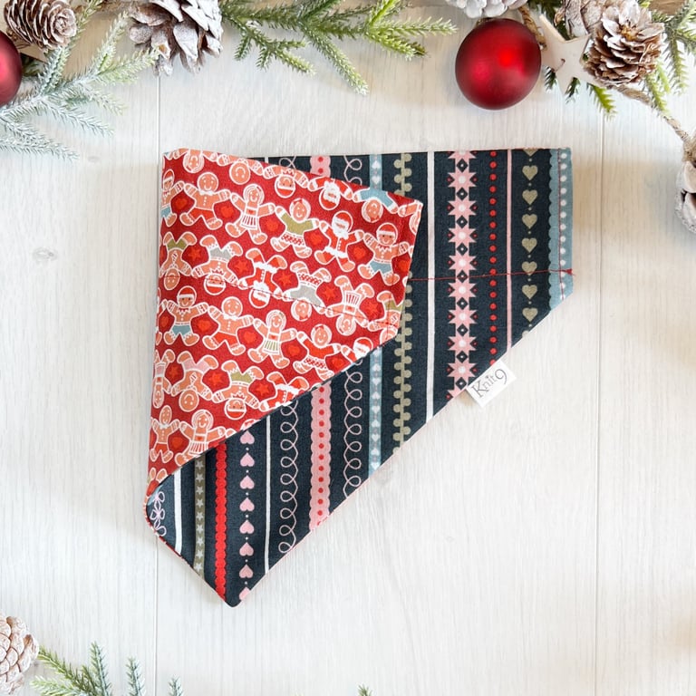 Christmas Dog Bandana - Handmade Fully Reversible Gingerbread Men and Stripes