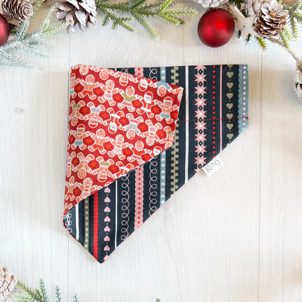 Christmas Dog Bandana - Handmade Fully Reversible Gingerbread Men and Stripes