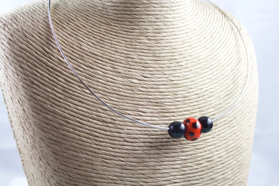 Sterling Silver Necklet with Orange and Black Lampwork Glass and Wooden Beads 