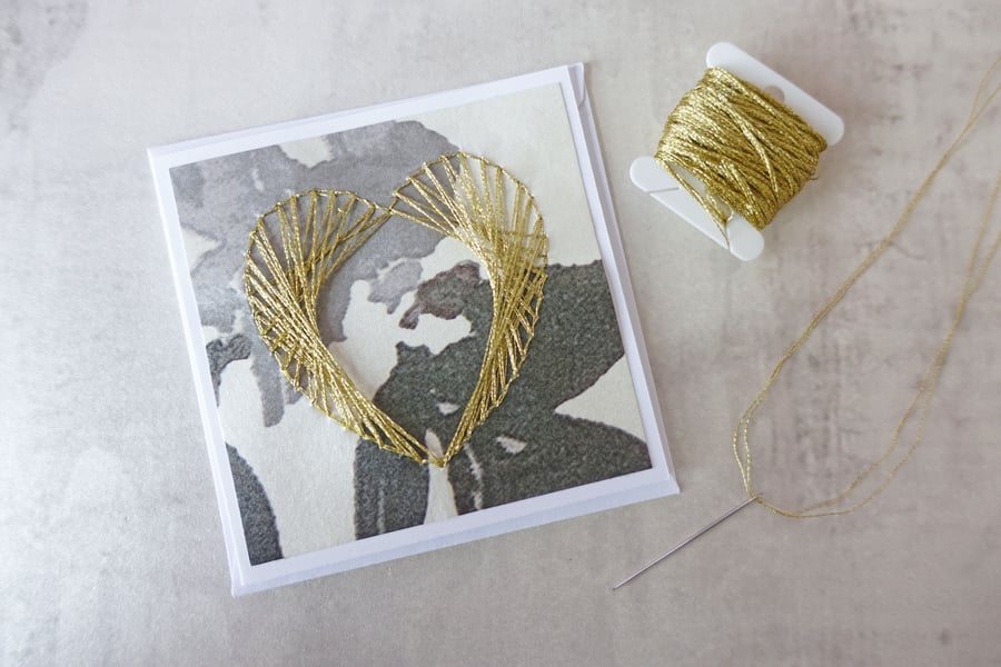 SALE Embroidered Gold Heart Wedding Card, Hand Stitched Anniversary Card