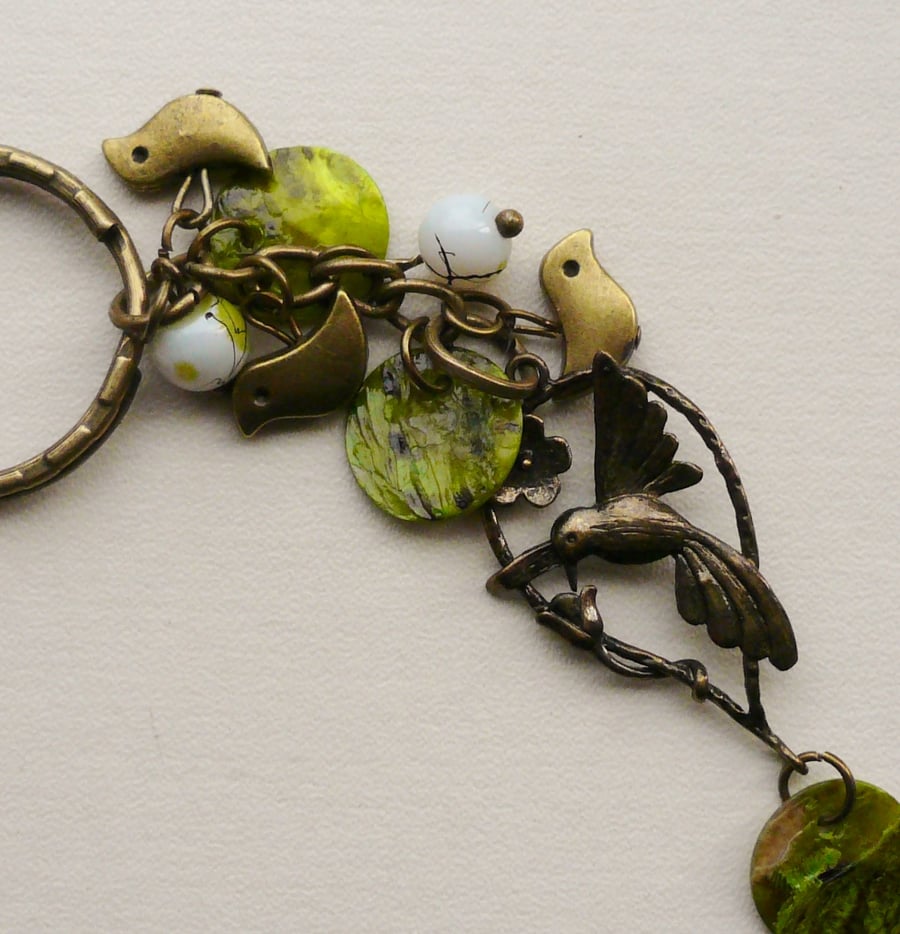 Keyring Bag Charm Green Shell Bead Antique Bronze Bird Themed KCJ1667
