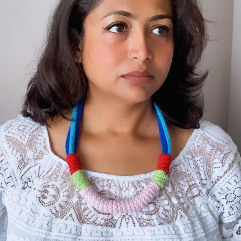 Baby pink and blue Knotted Rope Statement Necklace, Chunky Statement necklace