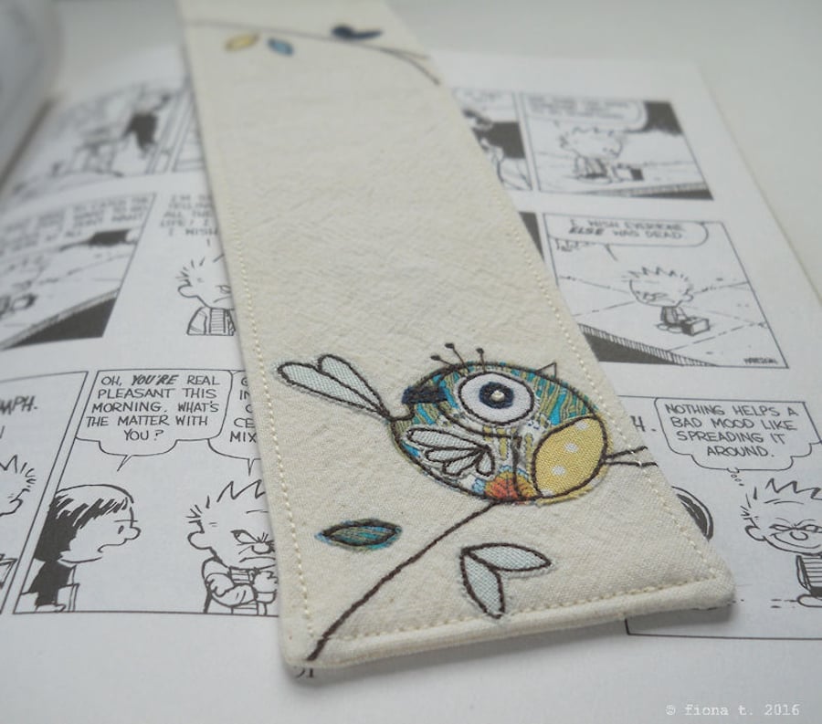 applique & embroidery bluetit fabric bookmark
