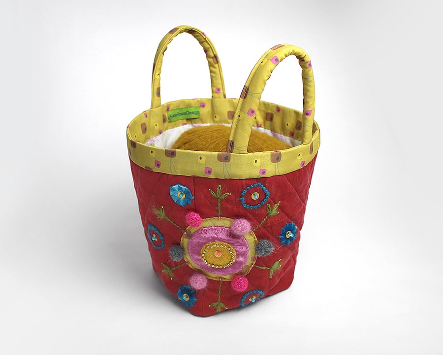 Cherokee red project bag with hand embroidered Aztec inspired design