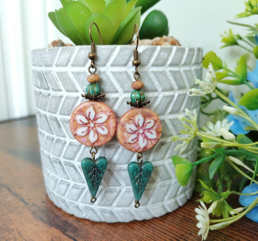 Rustic Teal and Dusky Pink Floral Drop Earrings  