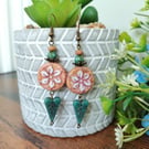 Rustic Teal and Dusky Pink Floral Drop Earrings  