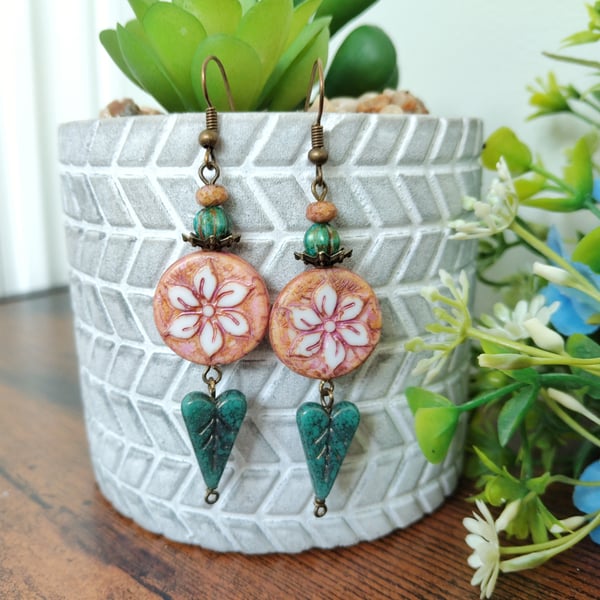 Rustic Teal and Dusky Pink Floral Drop Earrings  