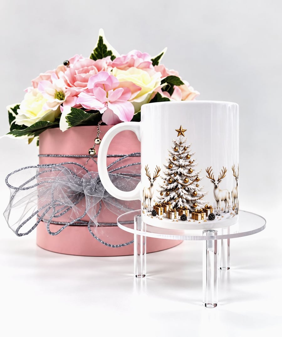 Snowy Christmas Trees & Reindeer Mug – White and Gold Festive Design