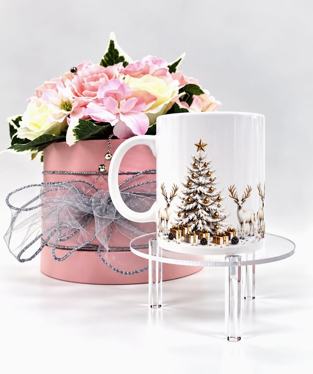 Snowy Christmas Trees & Reindeer Mug – White and Gold Festive Design