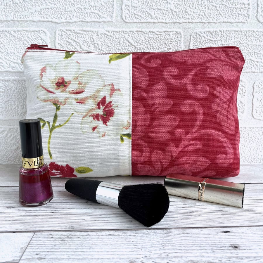 Large Make up Bag in Matching Red and Cream Floral Fabrics