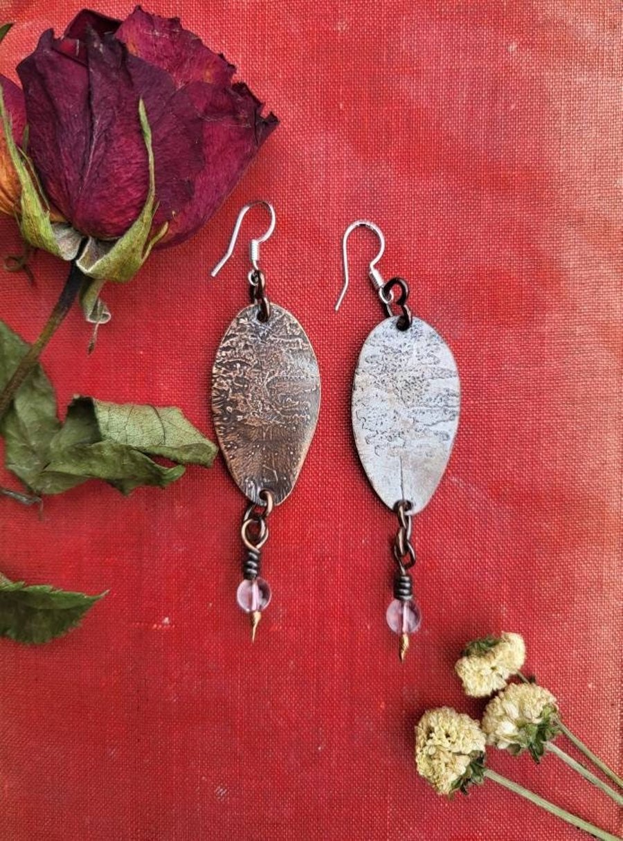 Tree dangle earrings, teched earrings, copper dangle earrings, tree lover gifts