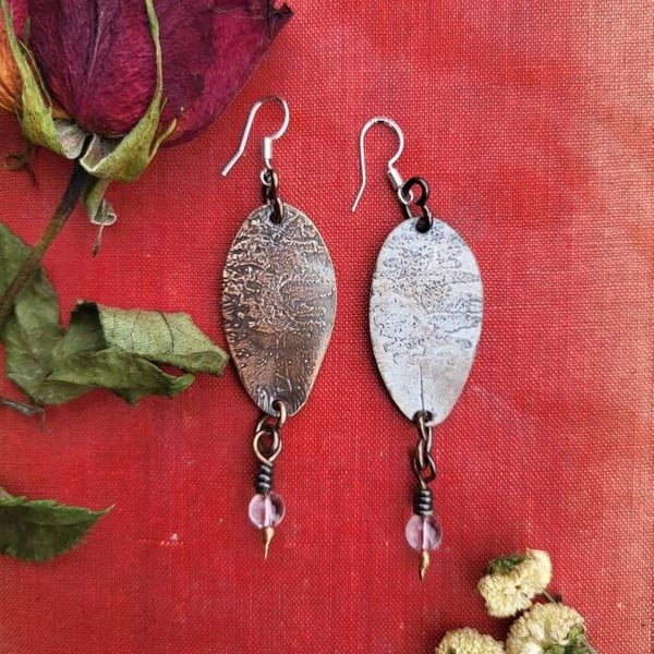 Tree dangle earrings, teched earrings, copper dangle earrings, tree lover gifts