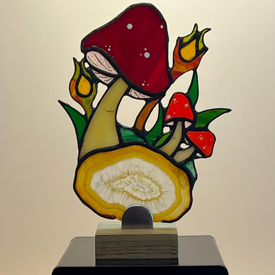 Stained Glass Toadstool on Crystal Agate Slice, Glass Art, Fungi, Nature