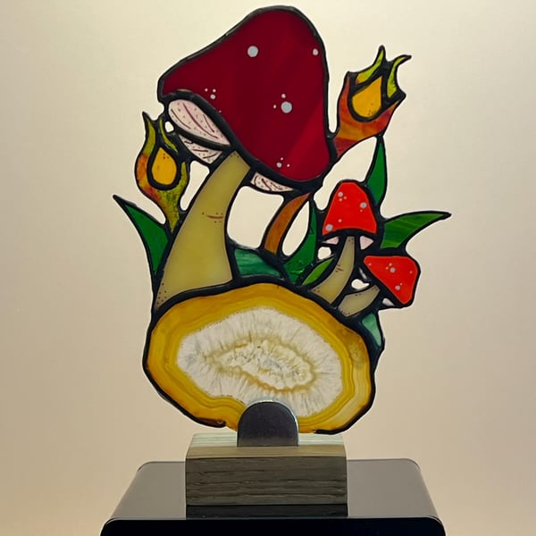 Stained Glass Toadstool on Crystal Agate Slice, Glass Art, Fungi, Nature