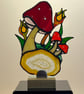 Stained Glass Toadstool on Crystal Agate Slice, Glass Art, Fungi, Nature